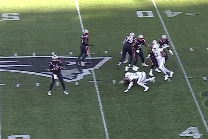 New England Patriots quarterback Jacoby Brissett drops back to pass on the final play of the game in their Week 15 loss to the Miami Dolphins